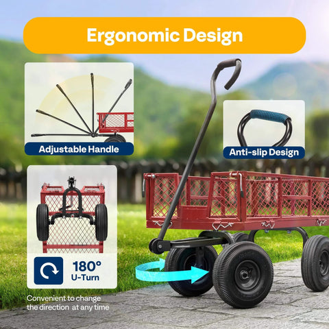 Heavy Duty Mesh Steel Garden Cart Folding Utility Wagon with 880 Lb Capacity showcasing ergonomic design, adjustable handle, and anti-slip grip.