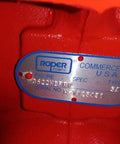 Close-up of nameplate on Generic Roper Pumps 3622HBFRV, 3600 Series - 3" Helical Gear Pump, red with serial number.