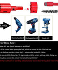 Red hole saw compatible with electric, rechargeable, and bench drills, detailed tips for usage included on image.