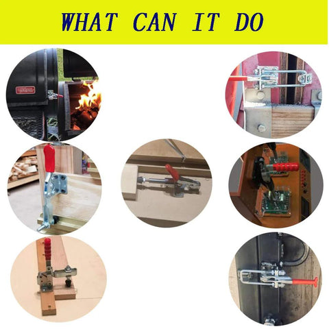 Various applications of Small Quick Release Horizontal Toggle Clamp 60 Lbs 27 Kg 8 Pack GH 201 in woodworking and metalworking.