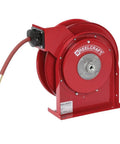 1/4 Inch By 35 Foot Spring Driven Hose Reel For Air And Water with Reinforced Steel Base, smooth red finish, front view