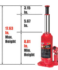 Beefy 10 Ton Hydraulic Bottle Jack By Torin With Welded Construction And Serrated Heat Treated Saddle For A Grippy Secure Lift Range From Eight And Thirteen Sixteenths Inches To Seventeen And Five Eighths Inches 20,000 Lb Capacity Red