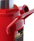 Close-up of Beast Mode Low Profile Hydraulic Bottle Jack Twenty Ton Capacity Stubby Welded Frame With Serrated Saddle Red Finish