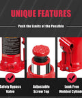 Unique features of Beefy 10 Ton Hydraulic Bottle Jack By Torin with welded construction and serrated heat treated saddle.