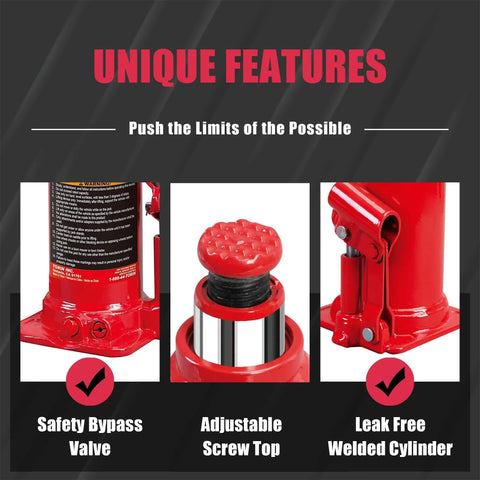 Unique features of Beefy 10 Ton Hydraulic Bottle Jack By Torin with welded construction and serrated heat treated saddle.