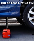 Five Ton Electric Hydraulic Car Jack Kit With LED Light lifting a car, showing red casing and LED illumination for night use