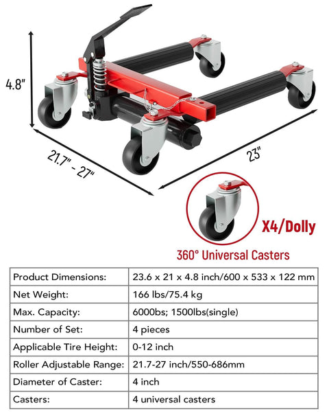 Heavy Duty 4 Pack Hydraulic Car Wheel Dollies With Foot Pedal, 6,000 Lbs Total Capacity, rust-resistant powder-coated steel
