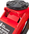Close-up of Low Profile 4 Ton Hydraulic Floor Jack With Dual Piston Quick Lift Pump, focusing on lifting mechanism, red color.