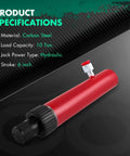 Red 10 Ton Hydraulic Floor Jack Hand Jack Pump for car and truck repair, made of carbon steel with 22000 lbs capacity, shown with specs