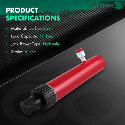 Red 10 Ton Hydraulic Floor Jack Hand Jack Pump for car and truck repair, made of carbon steel with 22000 lbs capacity, shown with specs