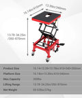 Foot Operated Hydraulic Motorcycle Lift Jack With 350 Lb Capacity, Wide Deck And Locking Wheels, Red Scissor Lift Side View
