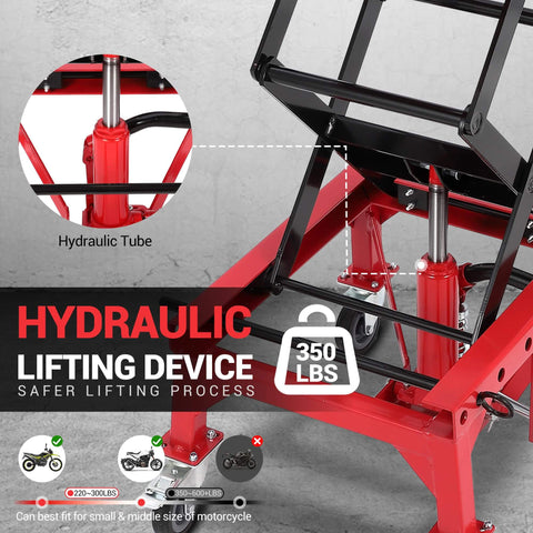 Foot Operated Hydraulic Motorcycle Lift Jack With 350 Lb Capacity, Wide Deck And Locking Wheels, Safe Scissor Lift