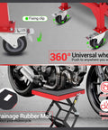 Close-up of red Foot Operated Hydraulic Motorcycle Lift Jack with 350 lb capacity, wide deck, and locking wheels.