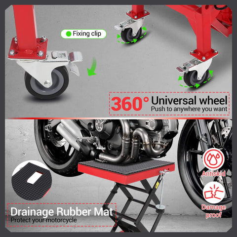 Close-up of red Foot Operated Hydraulic Motorcycle Lift Jack with 350 lb capacity, wide deck, and locking wheels.