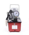 Front view of HinLIaDa 10000PSI Electric Hydraulic Pump 750W 110V Single Acting Hydraulic Driven Pump 7L Solenoid Pedal Hydraulic Power Pack Cylinder Hydraulic Pump Manual Valve Controls Return Oil (red) showing gauge and controls.