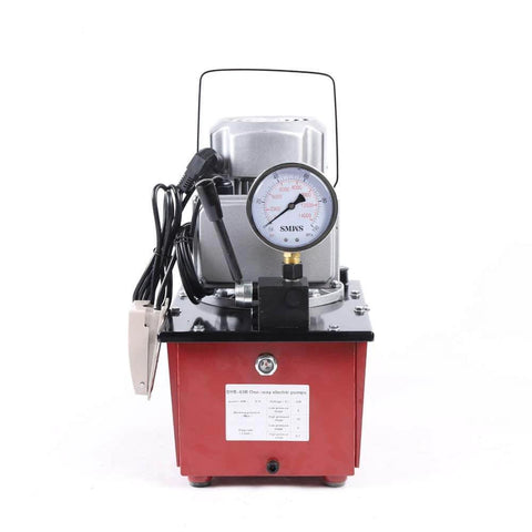 Front view of HinLIaDa 10000PSI Electric Hydraulic Pump 750W 110V Single Acting Hydraulic Driven Pump 7L Solenoid Pedal Hydraulic Power Pack Cylinder Hydraulic Pump Manual Valve Controls Return Oil (red) showing gauge and controls.