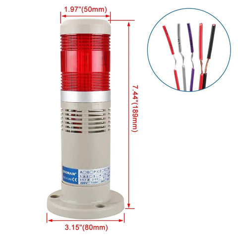 Industrial 24V DC Alarm Warning Flashing Light With Built In Buzzer Red LED Signal Tower Lamp for machines, 80x190mm