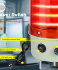 Close-up view of Rotating Red Industrial Warning Light With Adjustable Volume Siren And Buzzer 110V To 120V AC Public Emergency Alarm For Indoor Outdoor Use High Brightness LED Power Switch 24V Cord Included, showing power switch and volume control knobs.