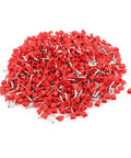Pile of Twin Wire Insulated Ferrule Terminal TE1010 for 2x18 AWG Wire, tube type, red plastic and silver metal construction.