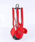 Kitchen ware Storage Rack, Stainless Steel Kitchen Utensil Holder Organizer with red utensils and hooks on countertop