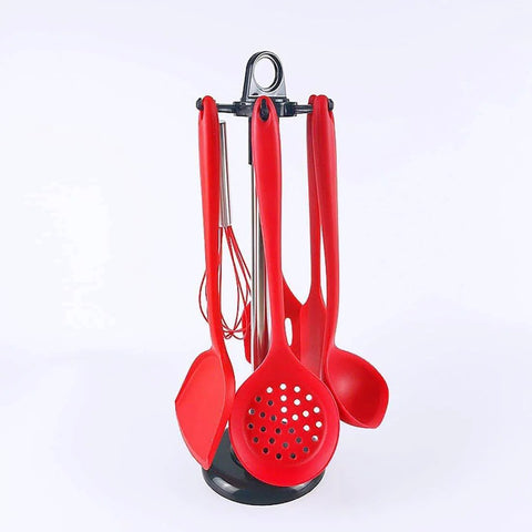 Kitchen ware Storage Rack, Stainless Steel Kitchen Utensil Holder Organizer with red utensils and hooks on countertop