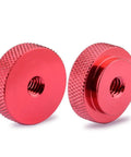 Two 1/4-20 Female Thumb Wheel Lock Nut Adapters in aluminum alloy with red knurled edge locknuts, 25mm diameter, suitable for camera rigs and tripods.