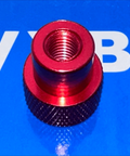 M6 x 18mm Red Knurled Thumb Nut - Closed End - Aluminum on blue background, front view