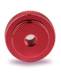 1/4-20 Female Thumb Wheel Lock Nut Adapter in red aluminum alloy with knurled edge, 25mm diameter for camera rigs and tripods