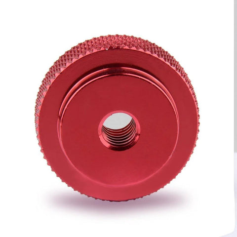 1/4-20 Female Thumb Wheel Lock Nut Adapter in red aluminum alloy with knurled edge, 25mm diameter for camera rigs and tripods