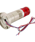 Industrial Red LED Alarm Light With Loud Buzzer 110V AC Signal Tower Lamp shown from side with wiring and mounting base visible.
