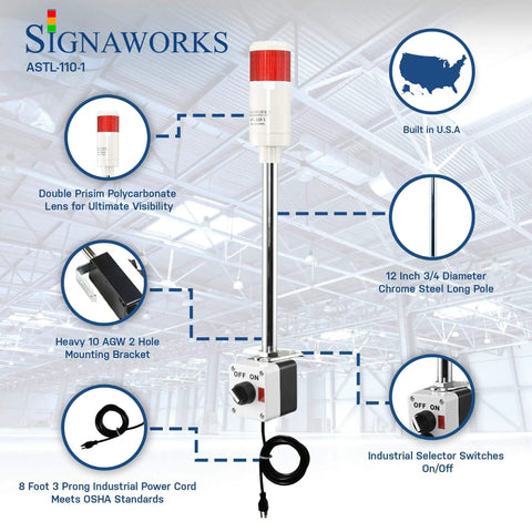 Red LED Andon Light Tower With One Stack Off On Switch 8 Foot Industrial Power Cord Plug And Play Ready 3 Prong OSHA Compliant Plug Indoor Rated Assembled In USA High Brightness Visual Indicator For Production Line