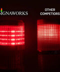 Front view of a Three Stack LED Andon Tower Light with red signals comparing brightness against competitor in a dark setting.