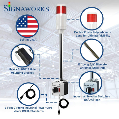Red LED Andon Light Tower For Industrial Lines, 1 Stack, 3 Position On Off Flash, 8 Foot Power Cord, Plug And Play Ready, 3 Prong Plug Meets OSHA Standard, Indoor Rated, Assembled In USA Signaworks, showing product features and components