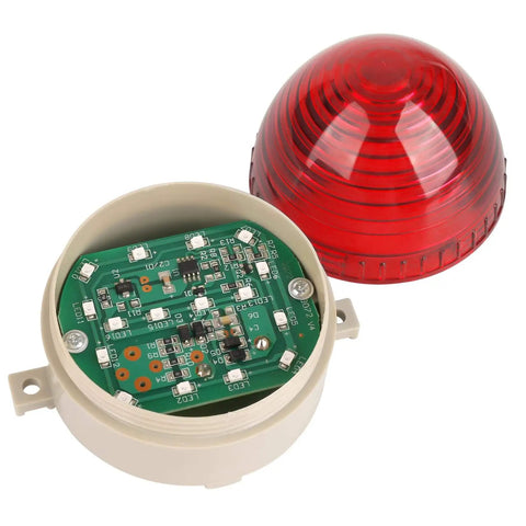 Open view of Red LED Warning Light Signal Tower Lamp N-3072 For AC 110V Industrial Use with circuit board and red cover