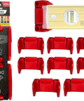 Red Universal Level Holder 4 Pack With Locking Level Mounts Fits All Brand Levels Up To 62 mm High And 32 mm Deep with packaging