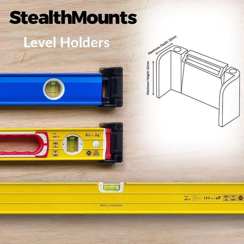 Red Universal Level Holder 4 Pack With Locking Level Mounts Fits All Brand Levels Up To 62 mm High And 32 mm Deep with level illustration