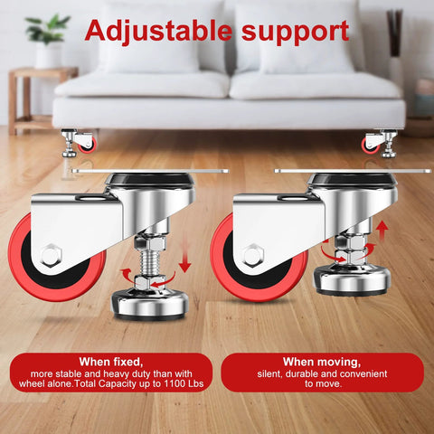 2 Inch Leveling Plate Caster Wheels With Adjustable Anti Vibration Leveling Feet Heavy Duty Swivel Casters shown in support mode