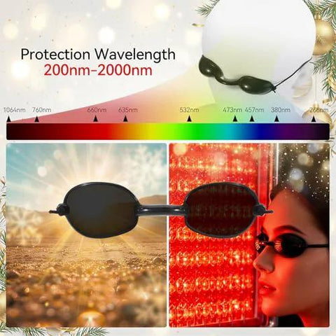 Red Light Therapy Glasses With Adjustable Fit For Eye Protection During Tanning, showcasing different wavelength protection