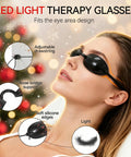Woman wearing Red Light Therapy Glasses with Adjustable Fit for Eye Protection During Tanning, showing features like adjustable drawstring and nose bridge support.