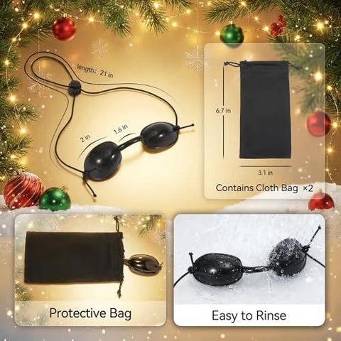 Red Light Therapy Glasses With Adjustable Fit for Eye Protection During Tanning, shown with protective and rinse bags