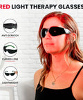 Woman wearing Red Light Therapy Glasses With Eye Protection 600-900nm, showing anti-scratch and lightweight design features.
