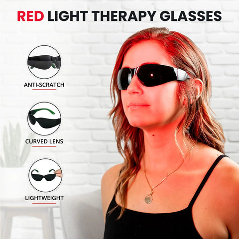 Woman wearing Red Light Therapy Glasses With Eye Protection 600-900nm, showing anti-scratch and lightweight design features.