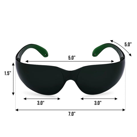 Front view of Red Light Therapy Glasses With Eye Protection 600-900nm For Safe Use, showing measurements and dark lenses.