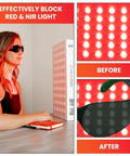 Red Light Therapy Glasses With Eye Protection 600-900nm For Safe Use, woman wearing glasses in front of red light panel.