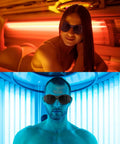 Two people wearing Red Light Therapy Glasses Eye Protection 200 To 2000nm For Tanning IPL Safety in a tanning bed