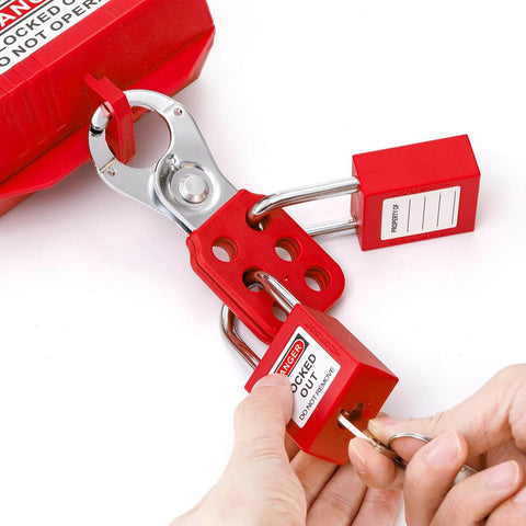 Red 8 Pack Lockout Tagout Hasp With Extended Jaw, secured with padlocks, showing usage for safety in industrial settings.