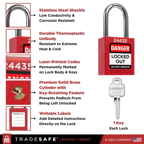 Lockout Tagout Locks Set 10 Locks Keyed Different 1 Key Per Lock OSHA Compliant Safety Padlocks For Electrical Lockout showing features
