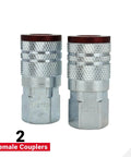 Close-up of ColorFit M-Style Coupler And Plug Kit Red 1/4 Inch NPT, 14-Piece Set showing two female couplers in scratch-resistant steel.