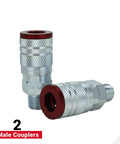 Close-up of ColorFit M-Style Coupler And Plug Kit Red 1/4 Inch NPT, 14-Piece Set featuring two male couplers.