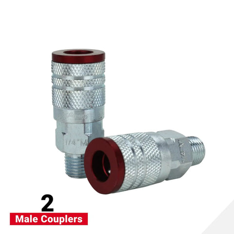 Close-up of ColorFit M-Style Coupler And Plug Kit Red 1/4 Inch NPT, 14-Piece Set featuring two male couplers.